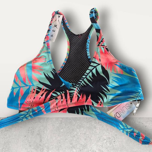 NWT Sundazed Ariel Halter Multicolor Floral Tropical Wrap Bikini Top Mesh Size M - Picture 7 of 12